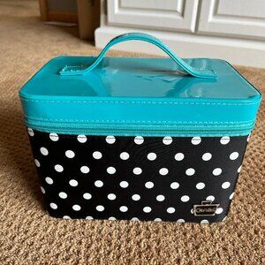 Caboodles Double Layer Train Makeup Case Turquoise Black & White Polka Dot
